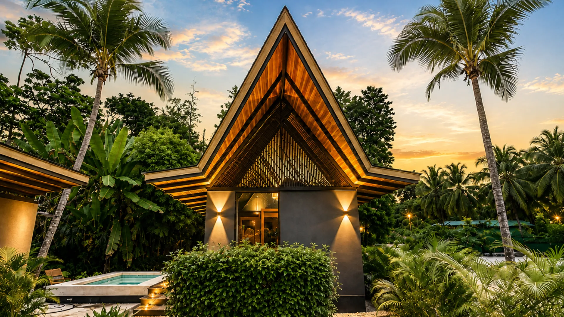 Exterior del bungalow con piscina privada al atardecer