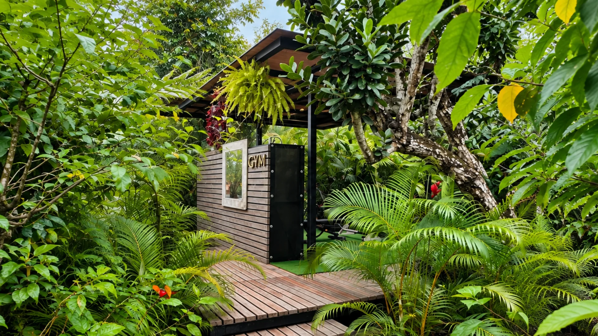 Gimnasio exterior de Namú integrado a la vegetación tropical