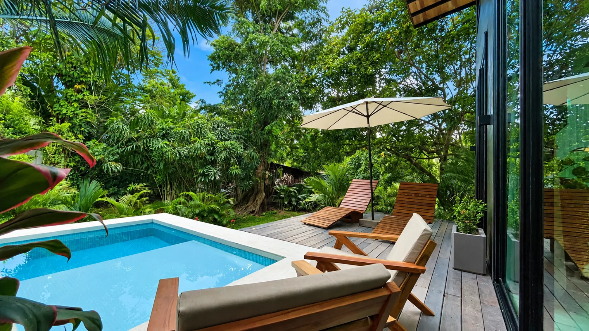 Piscina privada y deck de la Suite Luxury rodeados de vegetación