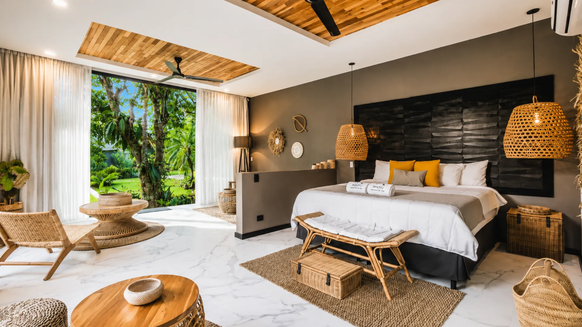 Dormitorio de la Suite Luxury con cama grande, fibras naturales y vista al jardín