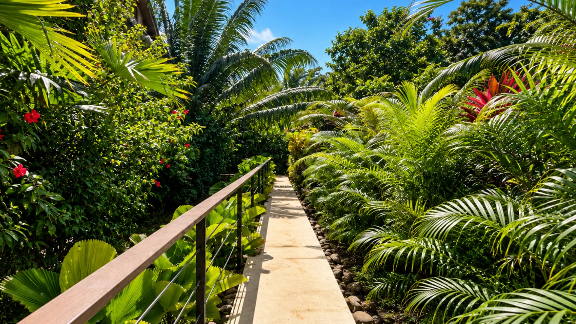 Sendero hacia la Suite Luxury entre la vegetación tropical