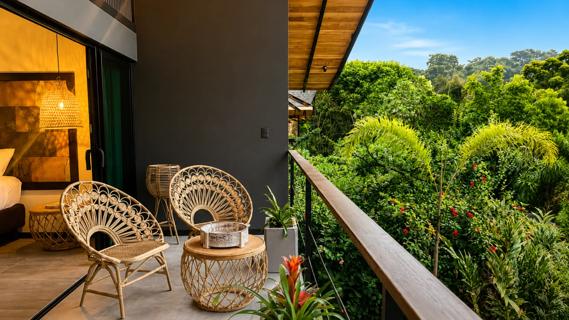 Terraza amueblada de la Suite Copa del Árbol frente al jardín
